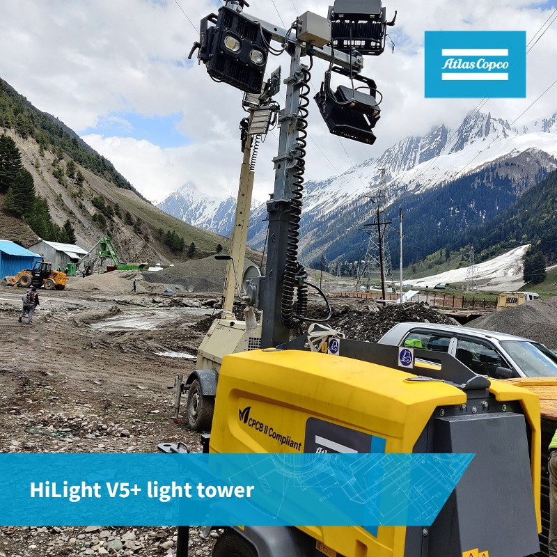 Las torres HiLight V5+de Atlas Copco iluminan el túnel de Zojila en India