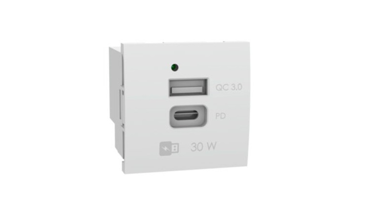 MMCONECTA presenta el módulo 45×45 cargador doble USB A+C 30W con PD y QC 3.0